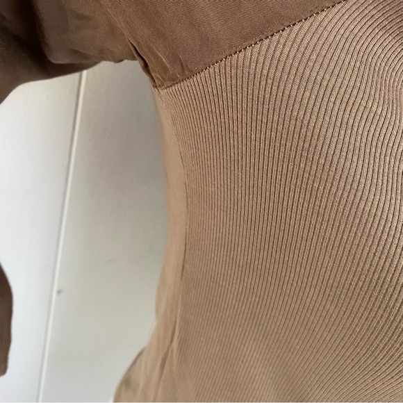 Sundry Mixed Media Top 3 US L Rib Knit Satin Puff Sleeve Brown Scoop Neck Crop - Picture 12 of 12